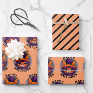 Oranje Kat met Paarse Heksenhoed Gelukkig Hallowee Inpakpapier Vel