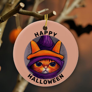 Oranje Kat met Paarse Heksenhoed Gelukkig Hallowee Keramisch Ornament