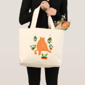 Oranje kat met Plant, Cute Cat Gift Grote Tote Bag (Voorkant (product))