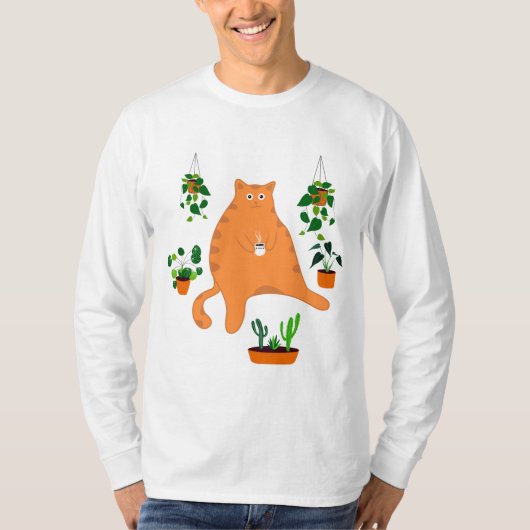 Oranje kat met Plant, Cute Cat Gift T-shirt (Voorkant)