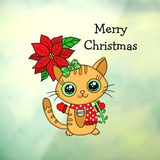 Oranje kat met Poinsettia kerst Raamsticker (Vel 3)