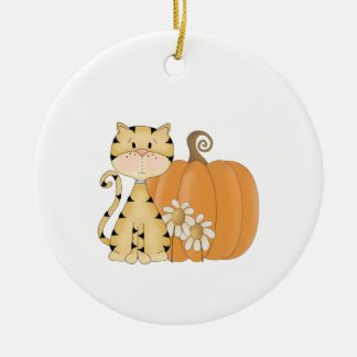 Oranje Kat met pompoen Keramisch Ornament
