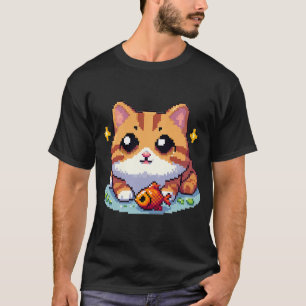 Oranje kat met vis pixelart t-shirt