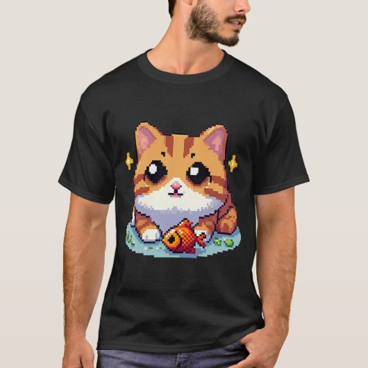 Oranje kat met vis pixelart t-shirt (Voorkant)
