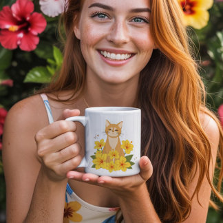 Oranje kat omringd door gele hibiscusbloemen koffiemok