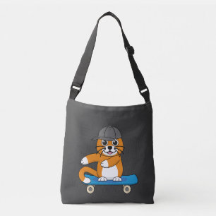 Oranje kat op de Cartoon van het skateboard Crossbody Tas