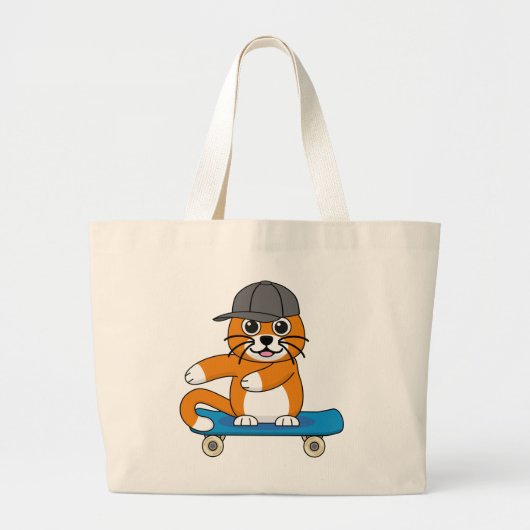 Oranje kat op de Cartoon van het skateboard Grote Tote Bag (Voorkant)