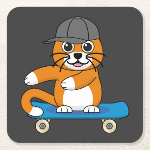 Oranje kat op de Cartoon van het skateboard Kartonnen Onderzetters