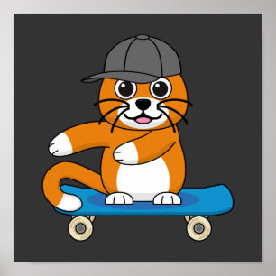 Oranje kat op de Cartoon van het skateboard Poster