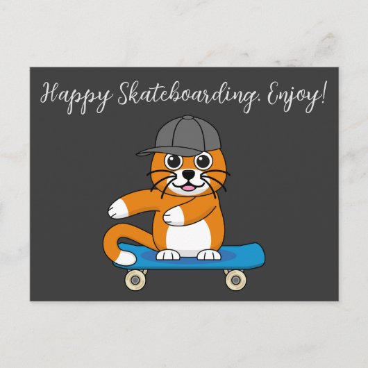 Oranje kat op de Cartoon van het skateboard | Teks Feestdagenkaart (Voorkant)