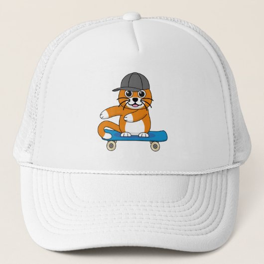 Oranje kat op de Cartoon van het skateboard Trucker Pet (Voorkant)
