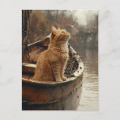 Oranje kat op een houten boot briefkaart (Voorkant)