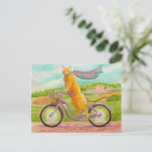 Oranje kat op een Paarse fiets Briefkaart (Staand voorkant)