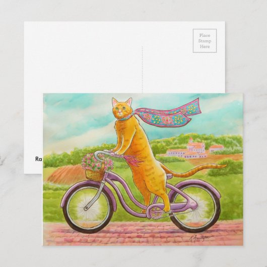 Oranje kat op een Paarse fiets Briefkaart (Voorkant / Achterkant)