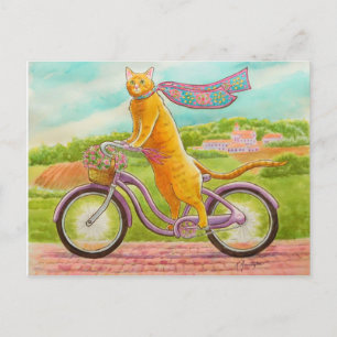 Oranje kat op een Paarse fiets Briefkaart
