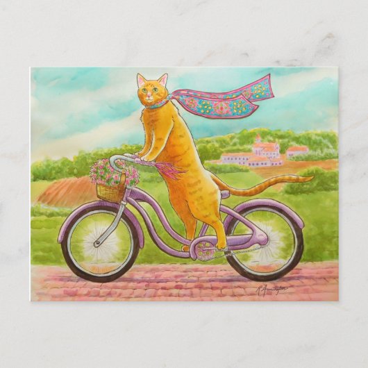 Oranje kat op een Paarse fiets Briefkaart (Voorkant)