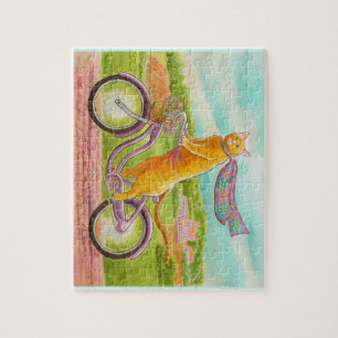 Oranje kat op een Paarse fiets Legpuzzel