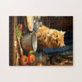 Oranje kat op keukentafel legpuzzel (Horizontaal)