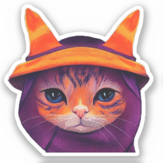 Oranje Kat Paarse heks Pet Fantasy Halloween Sticker (Voorkant)