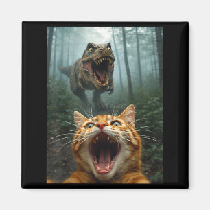 Oranje kat selfie met T-Rex dinosaurus grappige ma Magneet