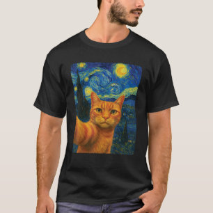 Oranje Kat Selfie Van Gogh's Sterrennacht Kat Mama T-shirt