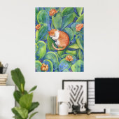 Oranje Kat Slapend Tussen Bloeiende Cactussen Fijn Poster (Thuiskantoor)