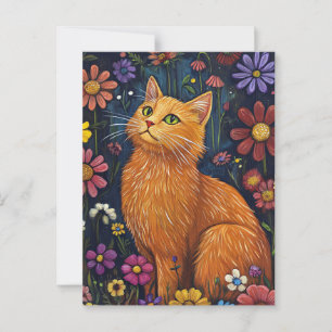 Oranje Kat Te midden van Kleurrijke Bloesems Briefkaart