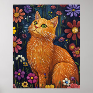 Oranje Kat Te midden van Kleurrijke Bloesems Poster