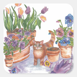 Oranje Kat Tulpen Pansies Waterverf "Archibald" Vierkante Sticker