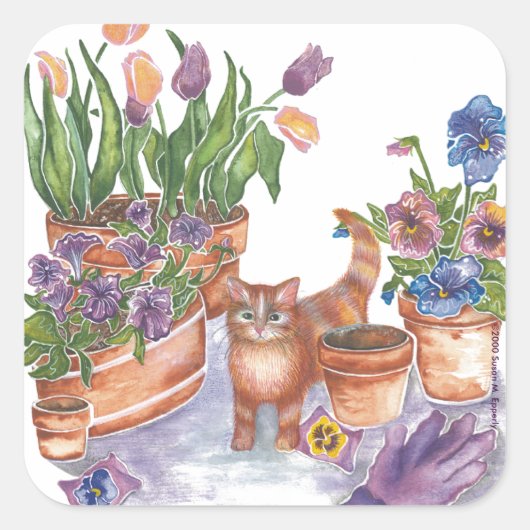 Oranje Kat Tulpen Pansies Waterverf "Archibald" Vierkante Sticker (Voorkant)