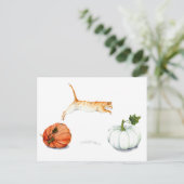 Oranje kat tussen pompoenen briefkaart (Staand voorkant)