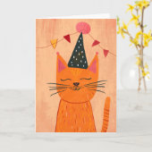 Oranje kat verjaardagsfeest Wenskaart Kaart (Gele Bloem)