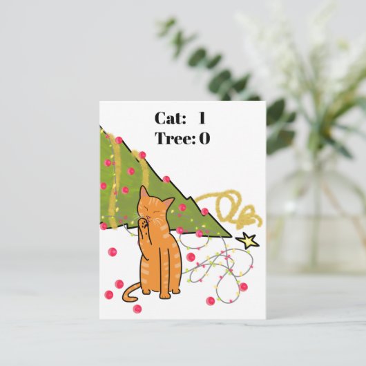 Oranje kat vernietigt kerstboom Funny Feestdagenkaart (Staand voorkant)