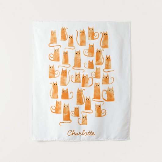Oranje Kat Waterverf Gepersonaliseerd Wandkleed (Voorkant)