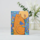Oranje katje met vogel van Sue Davis Briefkaart (Staand voorkant)
