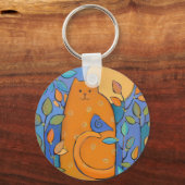 Oranje katje met vogel van Sue Davis Sleutelhanger (Voorkant)