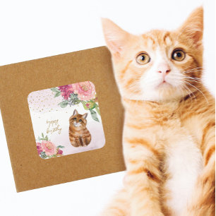 Oranje Kattenillustratie Happy Birthday Girl Party Vierkante Sticker