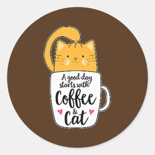 Oranje kattenkoffie ronde sticker (Voorkant)