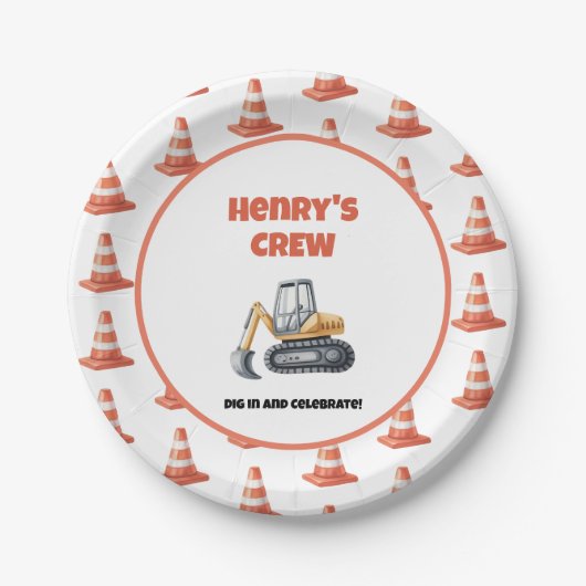 Oranje Kegelconstructie Digger Naam Jongen Verjaar Papieren Bordje (Voorkant)