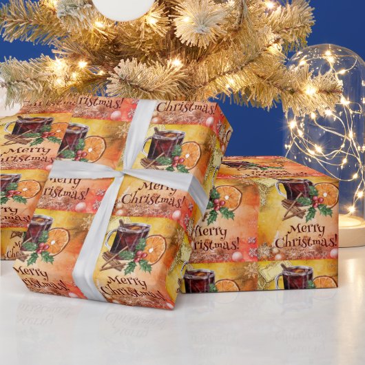 Oranje kerstbeker Holly Berry Cinnamon Cadeaupapier (Feestdagen)