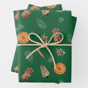 Oranje kerstspecerijen, pine, Pinecones Green Inpakpapier Vel