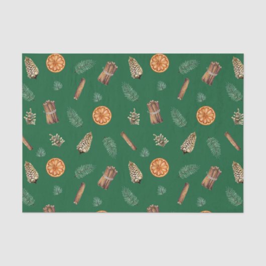 Oranje kerstspecerijen, pine, Pinecones Green Tissuepapier (Voorkant)