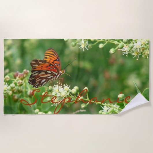 Oranje keukenhanddoek voor vlinder met naam strandlaken (Voorkant)