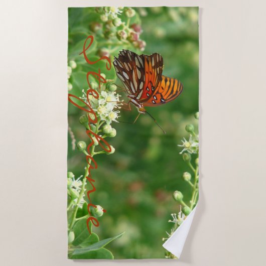 Oranje keukenhanddoek voor vlinder met naam strandlaken (Voorkant)