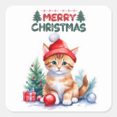 Oranje kitten in Santa Hat Vrolijk Kerstfeest Vierkante Sticker (Voorkant)
