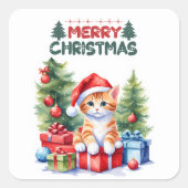 Oranje kitten in Santa Hat Vrolijk Kerstfeest Vierkante Sticker (Voorkant)