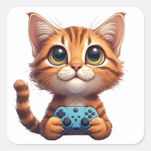 Oranje Kitten met Game Controller Gamer Kat Vierkante Sticker