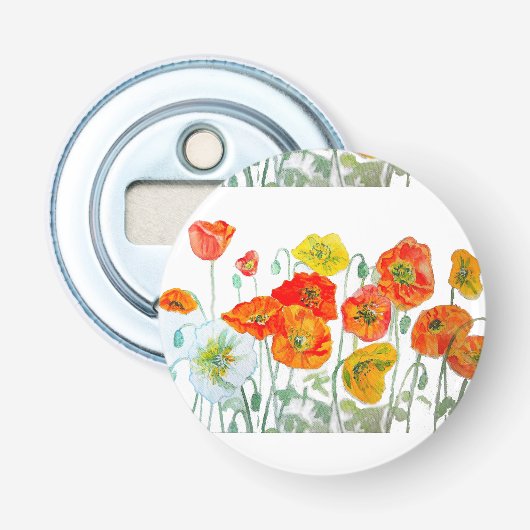 Oranje Klaproos Trouwgunst Bloem Button Flesopener (Voorkant)