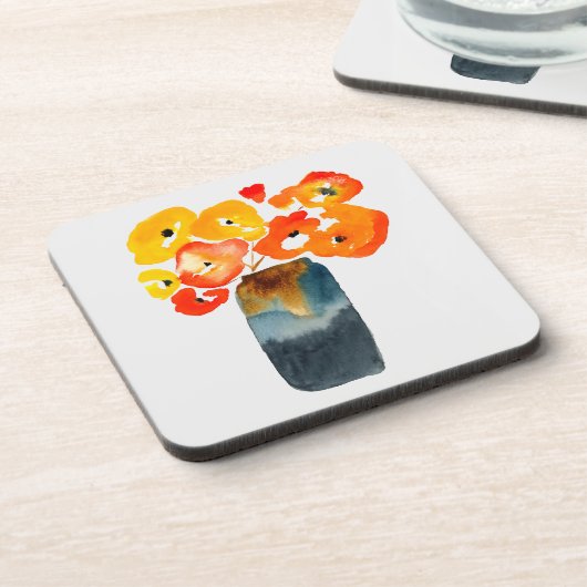 Oranje klaprozen waterverf bier onderzetter (Linkerzijde)