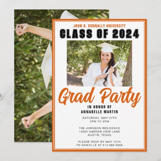 Oranje Klasse van 2025 Foto Modern Graduation Part Kaart (Voorkant / Achterkant)